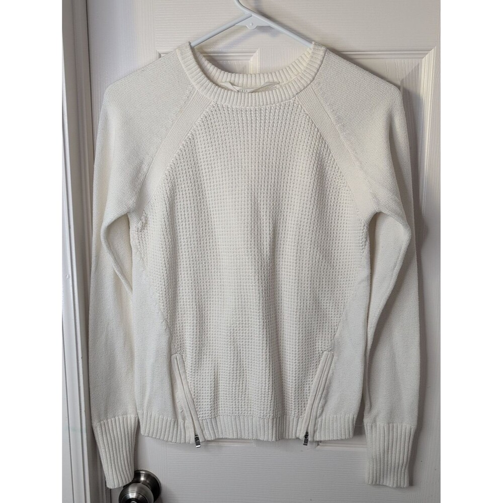 Athleta Cream Waffle-Knit Crewneck Sweater with Side Zips Size XXS